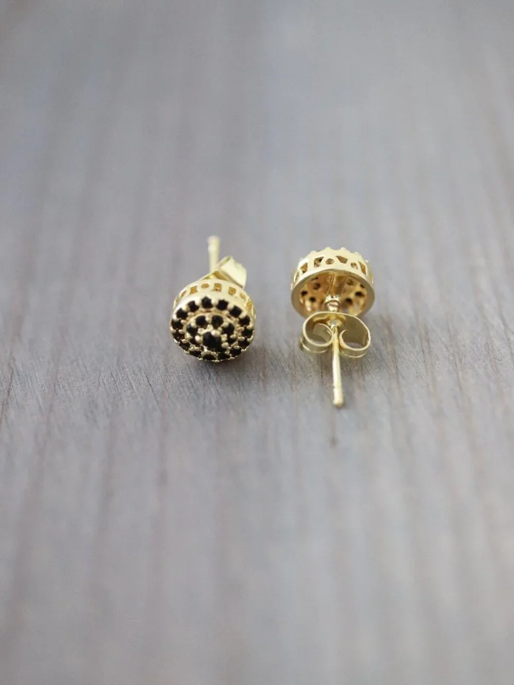 Round Pave Black CZ Diamond Stud Earrings 18k Gold Plated Stainless Steel
